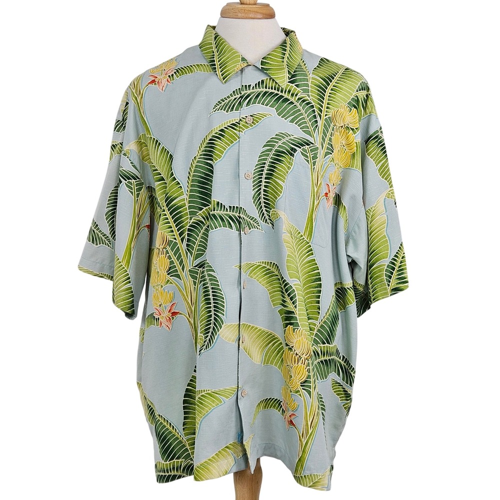 Tommy Bahama Silk Shirt  Blue Tropical Leaf Camp Button Up Mens XXL